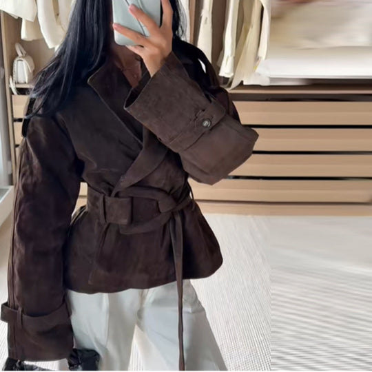 Damen Kunstlederjacke mit modischem Wickeldesign und breiten Ärmeln EB