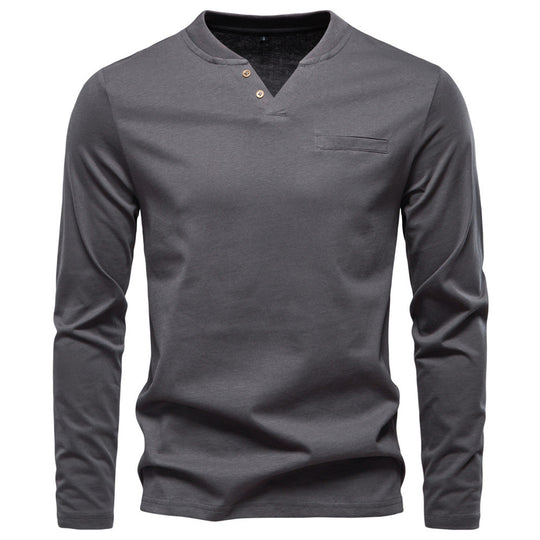 Herren nan tailliertes Langarmshirt im Henley-Stil mit kurzem V-Ausschnitt, Zierknöpfen und Brustleistentasche EB