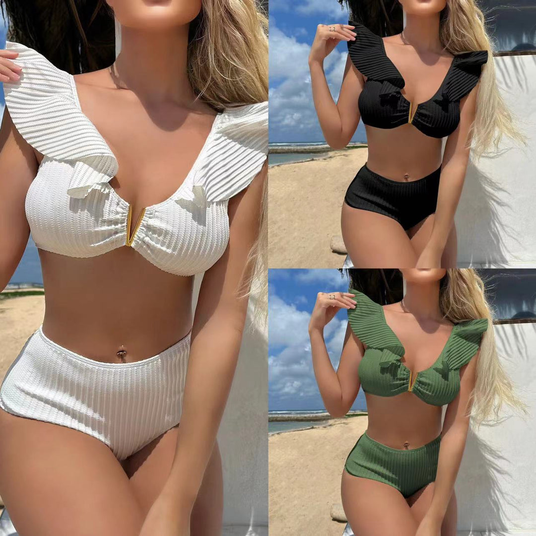Damen Zweiteiler Bikini mit Rüschendesign und hohem Bund EB