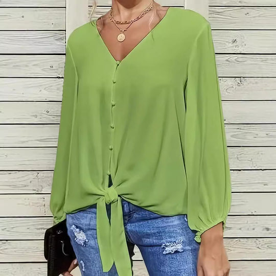 Damen elegante Bluse mit Knoten-Detail und V-Ausschnitt EB