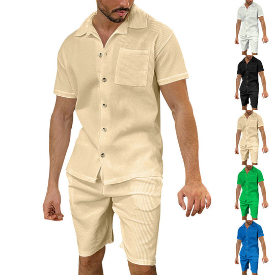 Herren nan lässiges zweiteiliges Freizeitset aus geripptem Jersey mit Hemdkragen Knopfleiste und Shorts EB