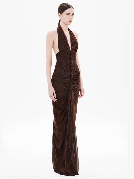 Damen Exquisites gerafftes Maxikleid mit tiefem V-Ausschnitt und eleganten Drapierungen EB