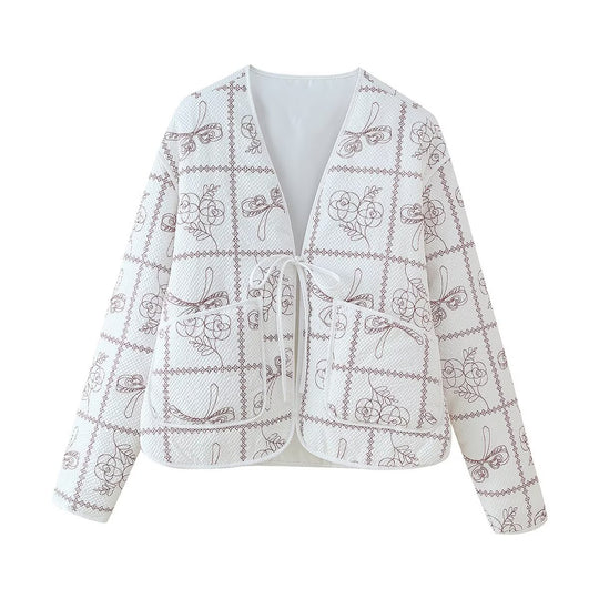 Damen gestepptes Blazer-Oberteil mit floralen Mustern EB
