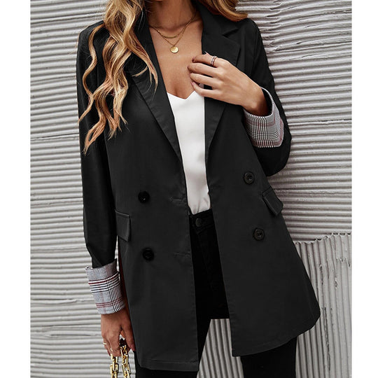 Damen Eleganter Doppelreiher Blazer mit kariertem Detail EB