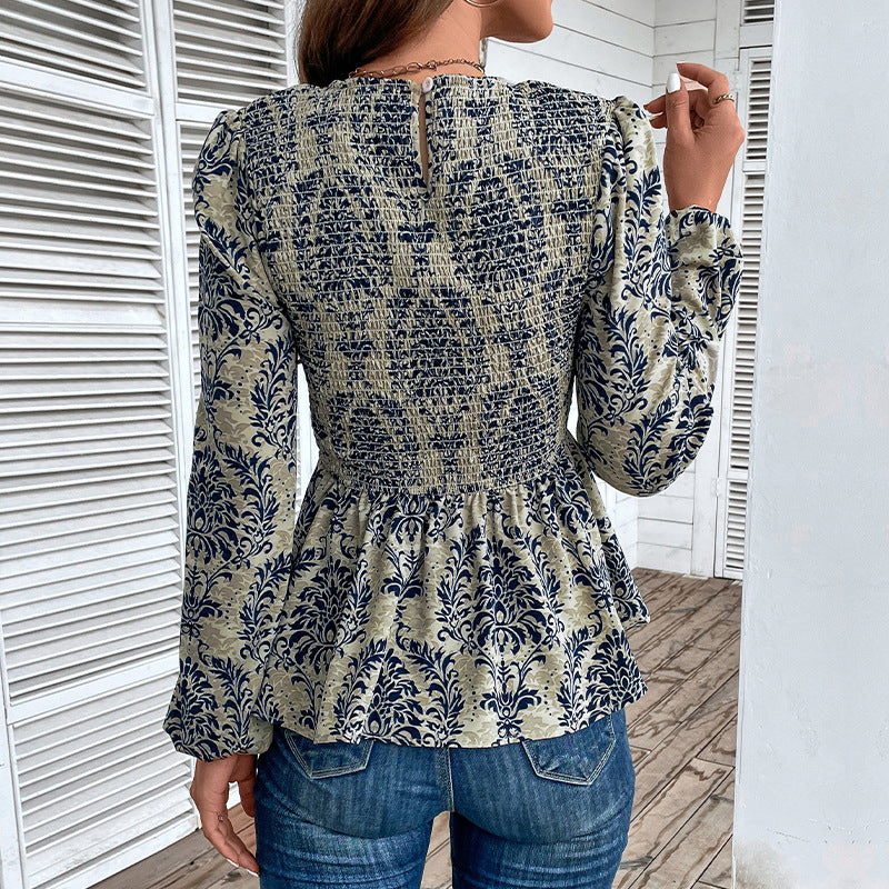 Damen Elegante Bluse mit raffiniertem Floral-Design und Puffärmeln EB