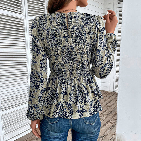 Damen Elegante Bluse mit raffiniertem Floral-Design und Puffärmeln EB