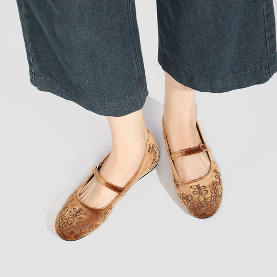 Damen Ballerinas mit dekorativem Blumenmuster und komfortablem Riemendesign EB