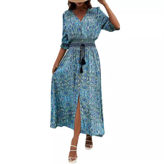 Damen Maxikleid mit abnehmbarem Taillengürtel und kunstvollem Muster EB
