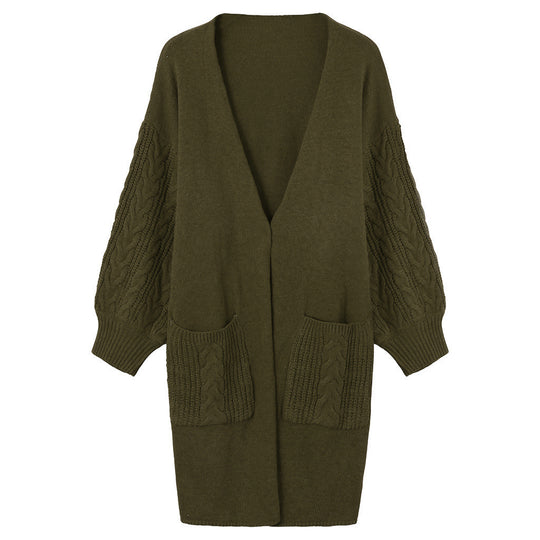 Damen Strickmantel mit tiefem V-Ausschnitt und groben Zopfstrickdetails EB
