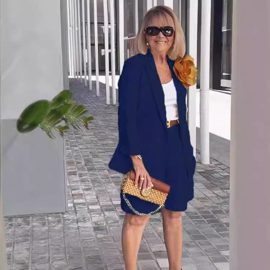 Damen Modisches Blazer-Shorts-Set mit doppelter Knopfleiste und eleganter Passform EB