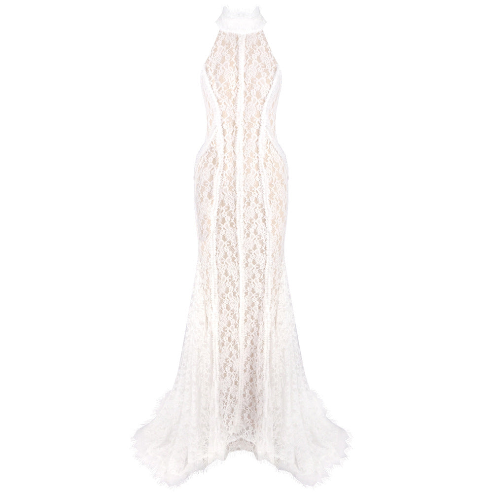 Damen Hochwertiges Spitzenabendkleid mit elegantem Kragen und transparenten Details EB