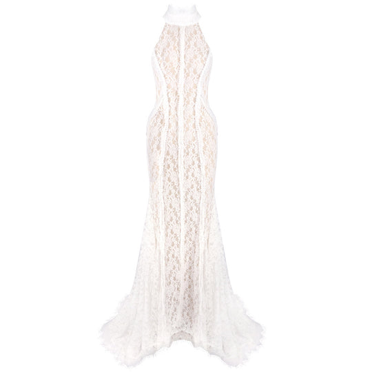 Damen Hochwertiges Spitzenabendkleid mit elegantem Kragen und transparenten Details EB