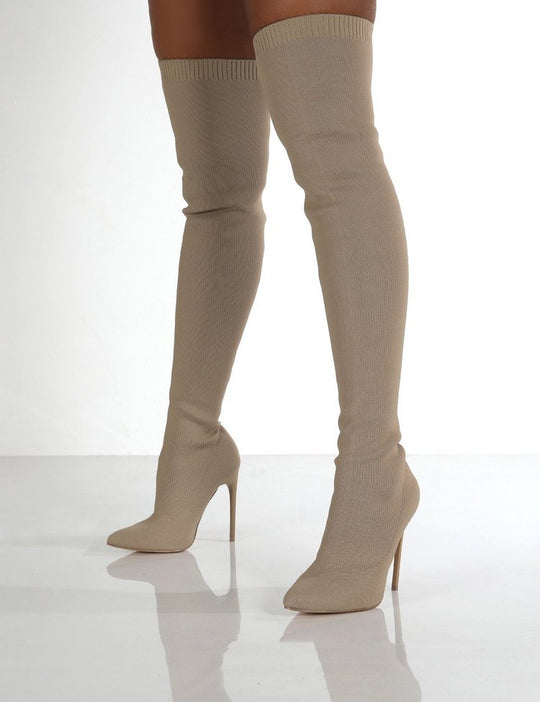 Damen Overknee Stiefel mit elegantem spitzem Absatz und modischem Strickdesign EB