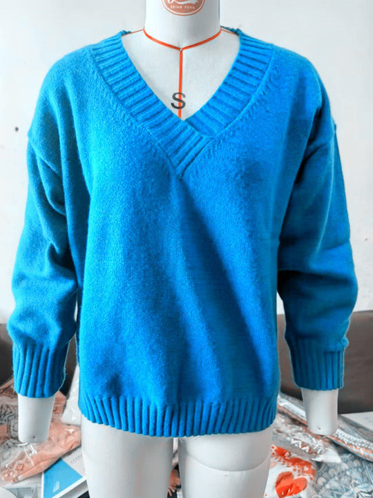Damen nan Oversized V-Ausschnitt Strickpullover mit gerippten Bündchen EB
