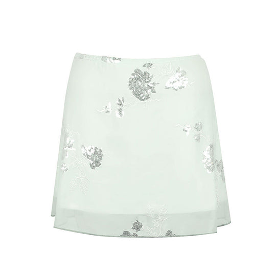 Damen transparenter Rock mit floralem Design und glitzernden Akzenten EB