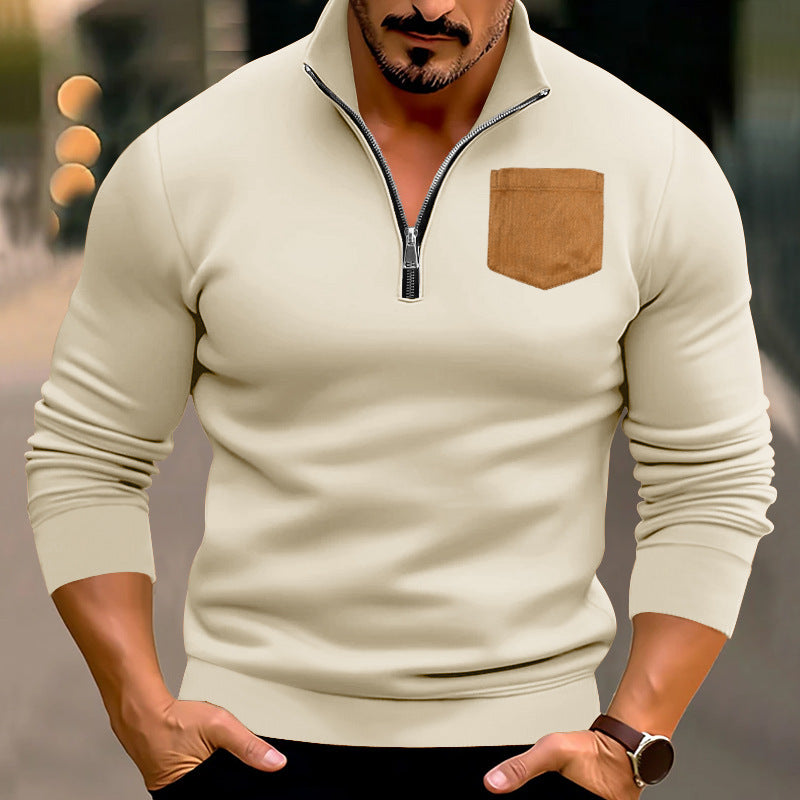 Herren modischer Pullover mit halbem Reißverschluss und kontrastierender Brusttasche EB