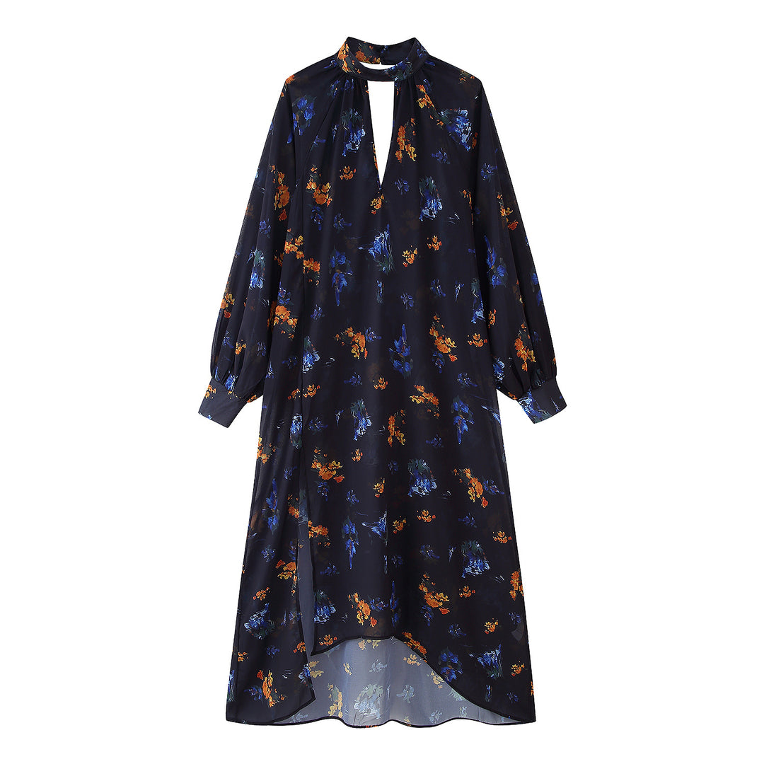 Damen Maxikleid mit elegantem Stehkragen und floralem Design EB