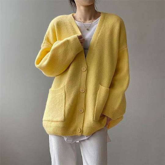Damen Grob gestrickter Cardigan mit Taschen und V-Ausschnitt EB