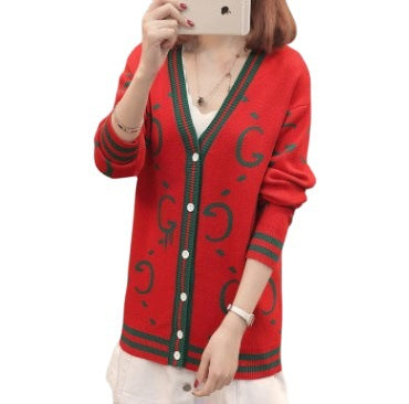 Damen Strickjacke mit tiefem V-Ausschnitt und bunten grafischen Mustern EB