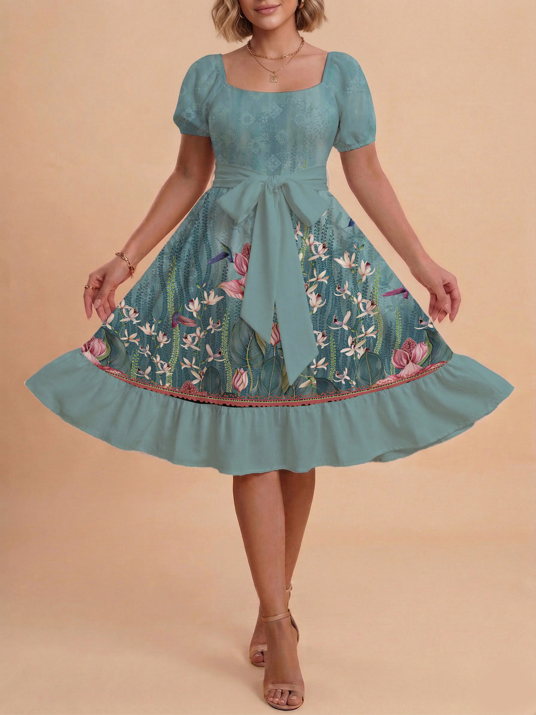 Damen schickes Glitzerkleid mit tailliertem Schnitt und Rüschensaum EB