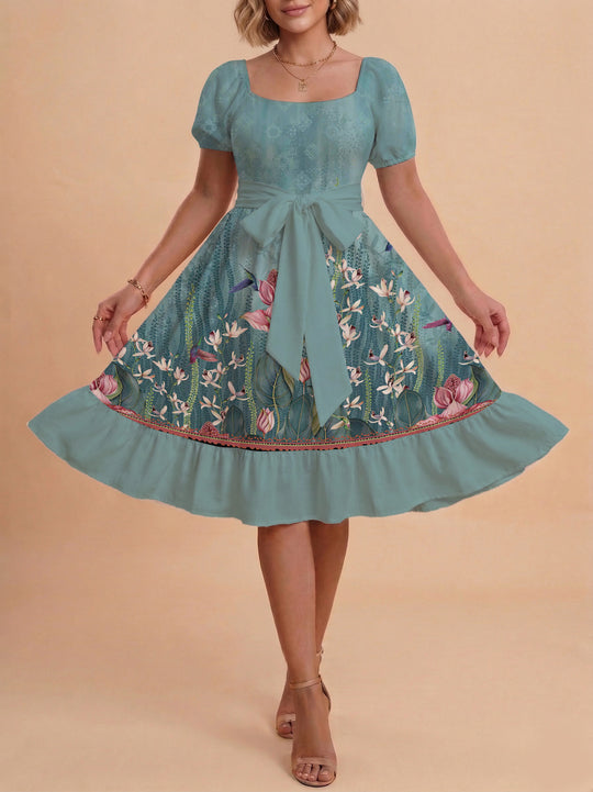 Damen schickes Glitzerkleid mit tailliertem Schnitt und Rüschensaum EB