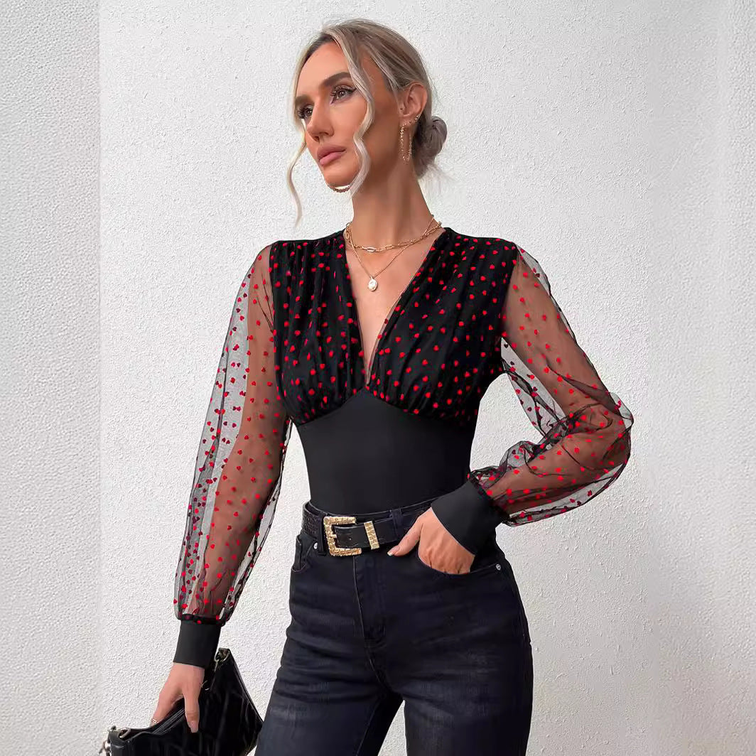 Damen Elegantes Bodysuit mit transparenten Ärmeln und Tupfen-Design EB