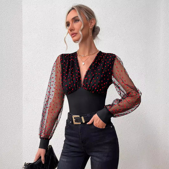 Damen Elegantes Bodysuit mit transparenten Ärmeln und Tupfen-Design EB