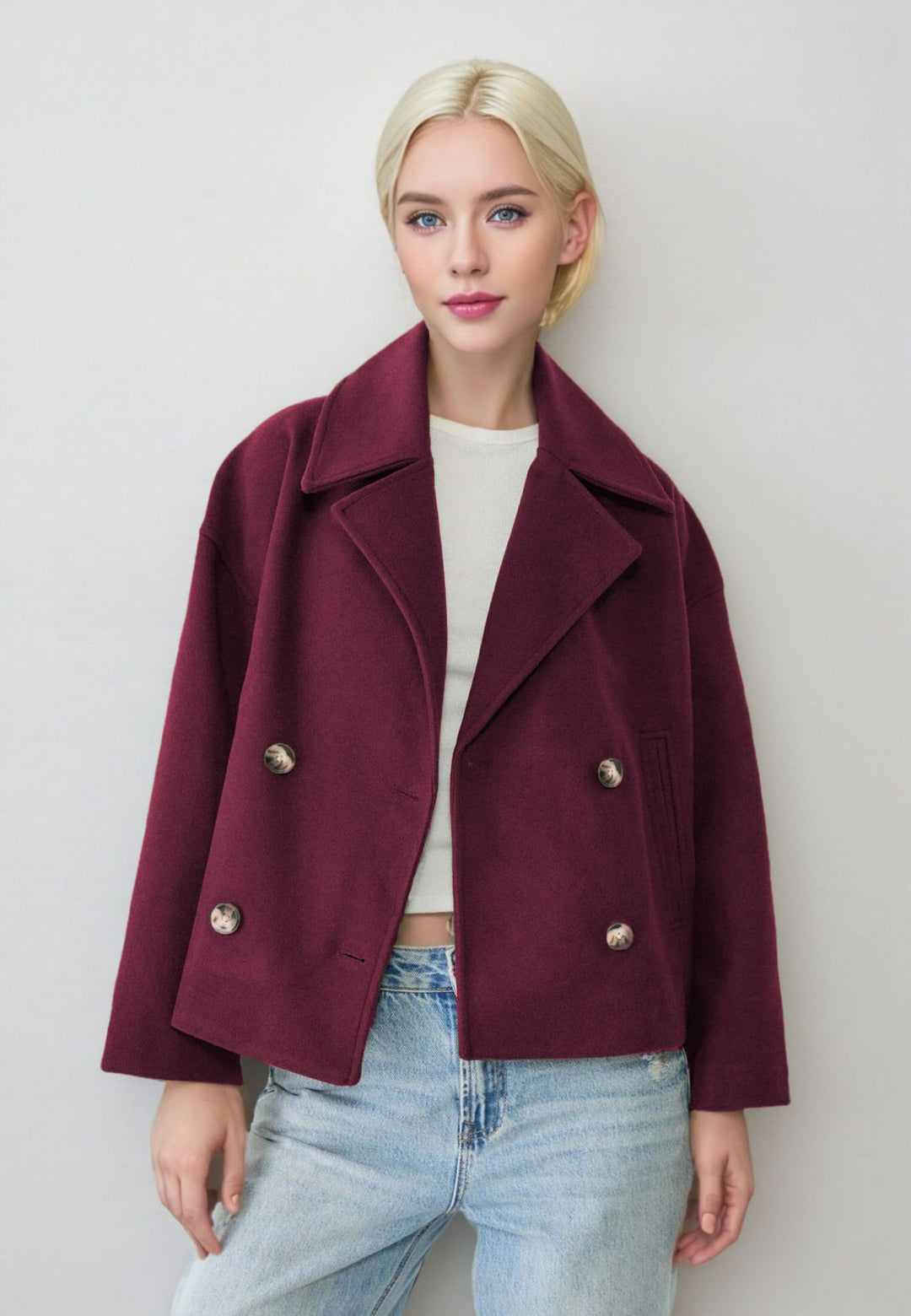 Damen nan kurzes doppeltreihiges Wollmix-Manteljacke im Boxy-Cut mit weitem Reverskragen EB