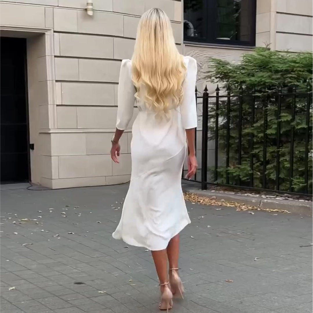Damen Hemdblusenkleid mit elegantem V-Ausschnitt und Knopfleiste EB