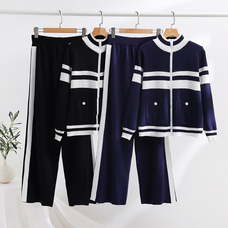 Damen sportliches Strick-Loungewear-Set mit geripptem Design und praktischen Taschen EB