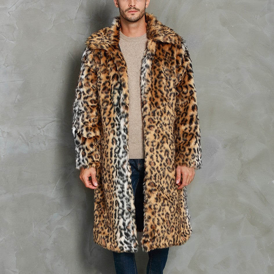 Herren Eleganter Kunstfellmantel mit Leopardenmuster und breitem Kragen EB