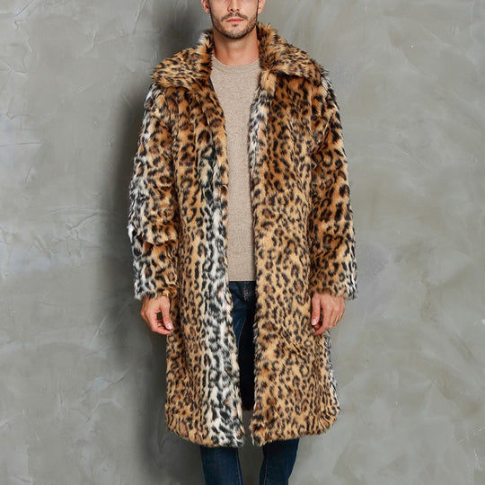 Herren Eleganter Kunstfellmantel mit Leopardenmuster und breitem Kragen EB