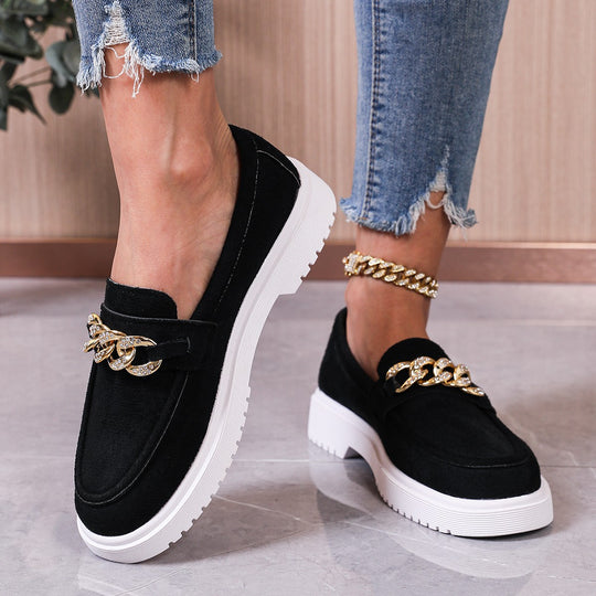 Damen  elegante Slipper mit Plateau-Laufsohle, goldener Schmuckkette und gepolstertem Komfortfußbett EB