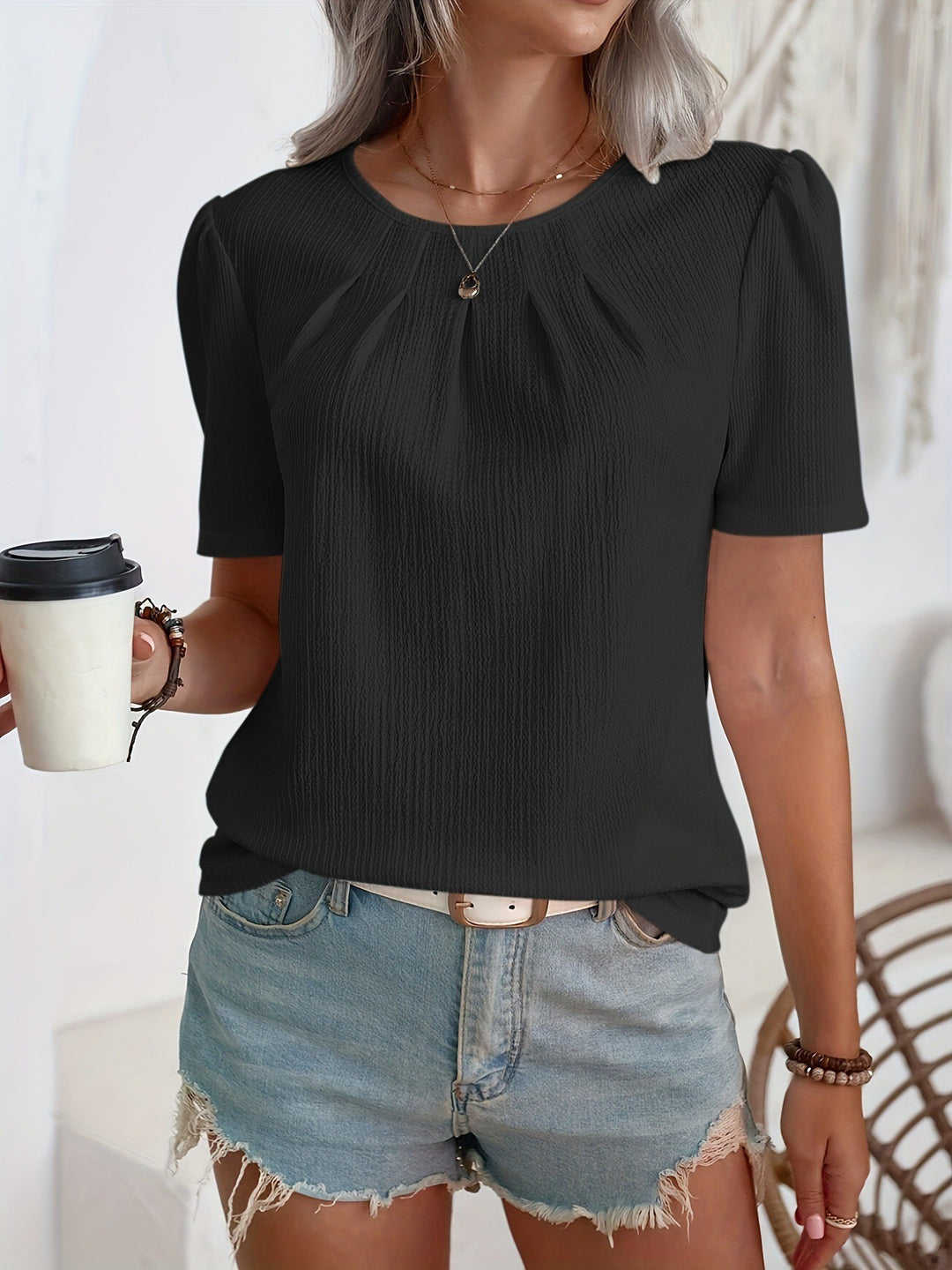 Damen Modisches Oberteil mit strukturiertem Design und Puffärmeln EB