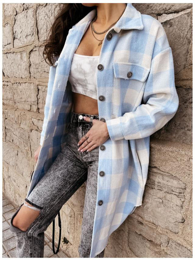 Damen Karierte Overshirtjacke mit Brusttaschen EB