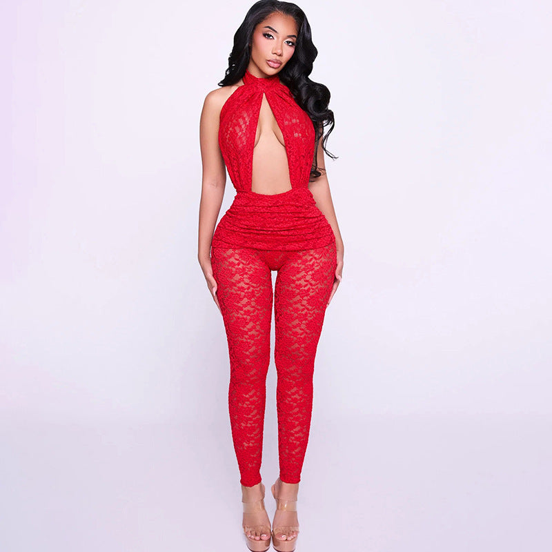 Damen Eleganter Spitzen-Jumpsuit mit tiefem V-Ausschnitt und tailliertem Design EB