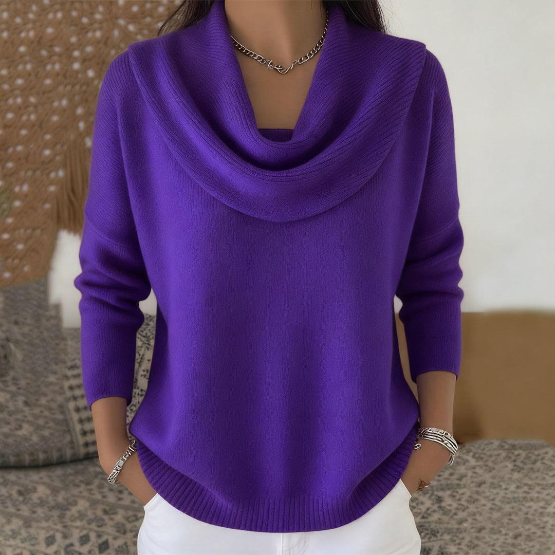Damen nan schimmernder Strickpullover mit Wasserfallkragen, feiner Glitzerstruktur und schmalem Saum EB