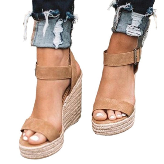 Damen Espadrille-Keilabsatz Sandaletten mit geflochtenem Plateau und verstellbarem Schnallenriemen EB