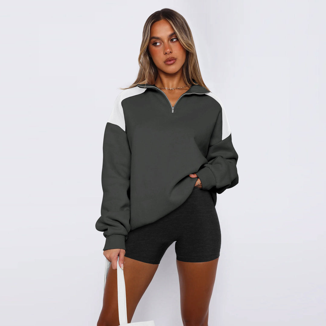 Damen lässiger Sweatshirt mit halbem Reißverschluss und kontrastierenden Ärmeln EB