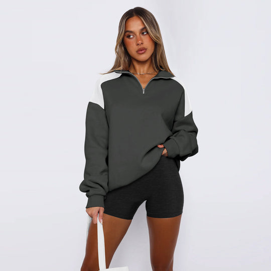 Damen lässiger Sweatshirt mit halbem Reißverschluss und kontrastierenden Ärmeln EB