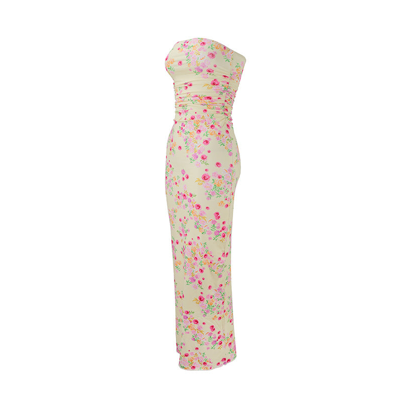 Damen elegantes, trägerloses Maxikleid mit raffiniertem Mustermix EB