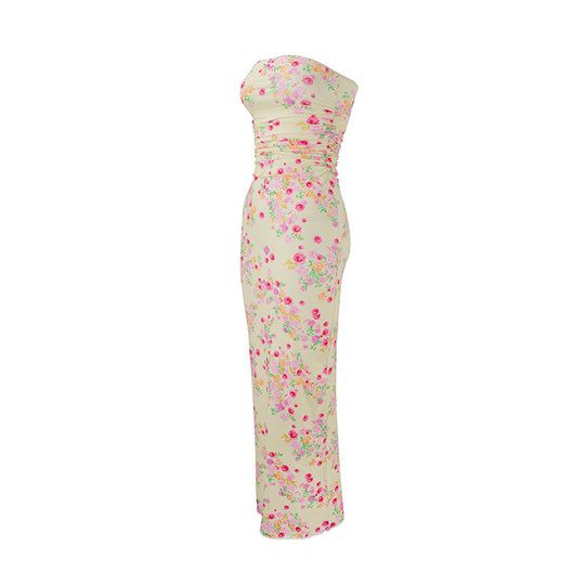 Damen elegantes, trägerloses Maxikleid mit raffiniertem Mustermix EB