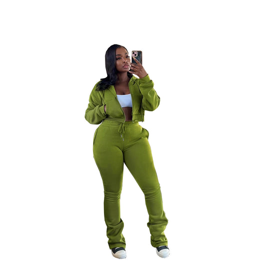 Damen nan kurz geschnittenes Zip-Hoodie und Highwaist-Jogginghose-Set mit Kordelzug und leicht gerafften Knöchelabschlüssen EB