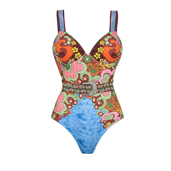 Damen Vintage Badeanzug mit buntem Muster und Schmuckgürtel EB