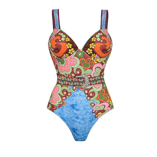 Damen Vintage Badeanzug mit buntem Muster und Schmuckgürtel EB