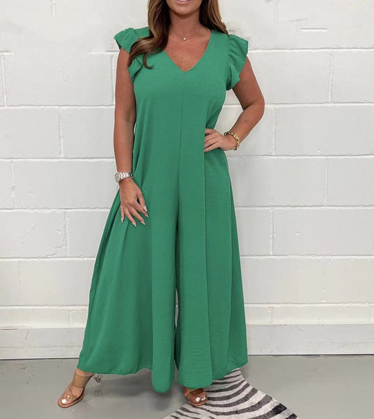 Damen luftiger Jumpsuit mit weit geschnittenem Bein und V-Ausschnitt EB