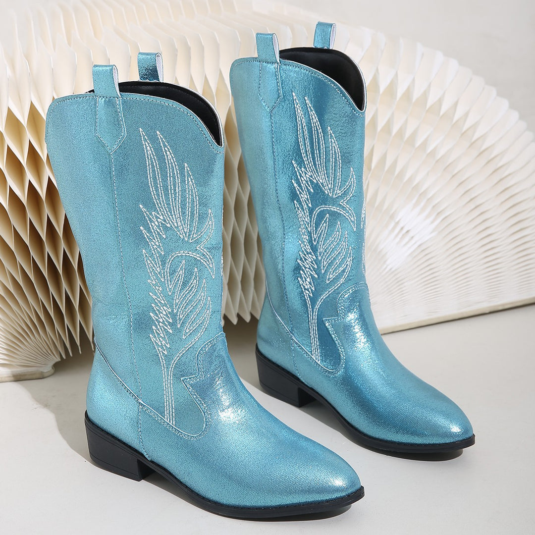 Damen Cowgirl-Kniehoher Stiefel mit dekorativer Stickerei, Pull‑Tabs und komfortablem Blockabsatz EB