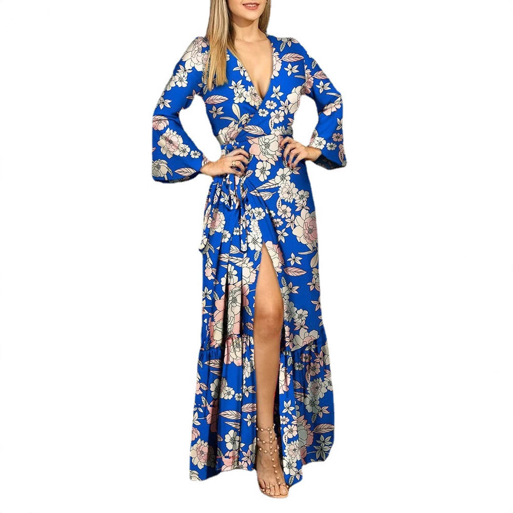 Damen Blumiges Wickelmaxikleid mit langen Ärmeln und seitlichem Schlitz EB