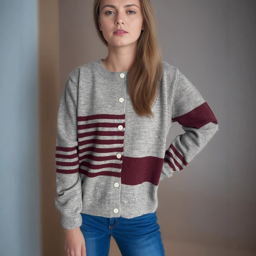 Damen Strickjacke mit modernen Streifenmustern und Knopfverschluss EB