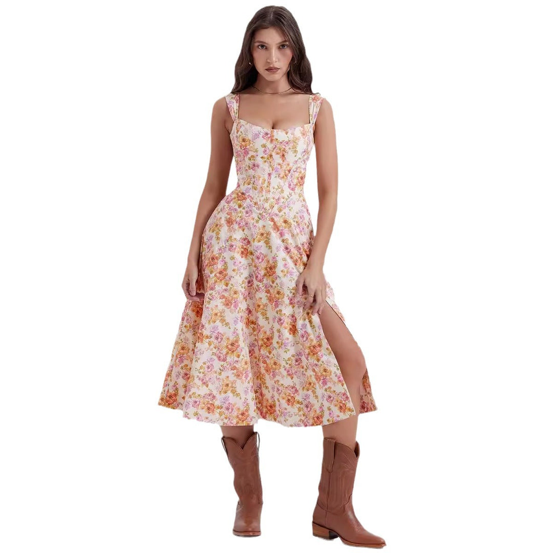 Damen Midikleid mit schulterfreiem Design und floralem Muster EB